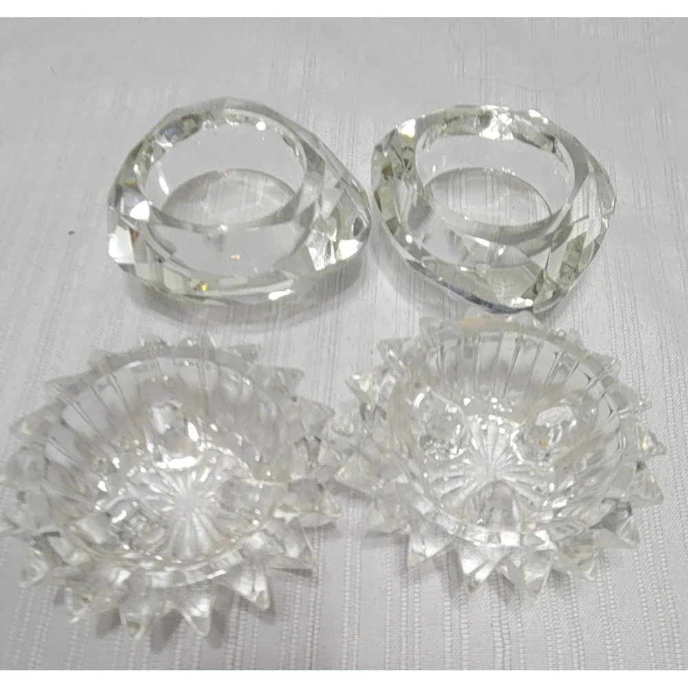 Vintage Cut Glass Candle Holders 2 Sets Faceted Geometric & Sunburst Votive 4pc